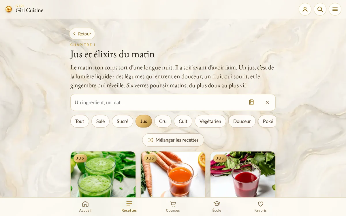 Le chapitre Jus et élixirs du matin de Giri Cuisine