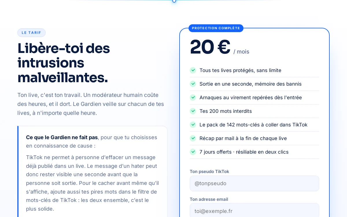 Le tarif du Gardien du Live