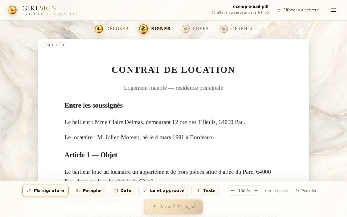 Un contrat de location d'exemple ouvert dans Giri Sign
