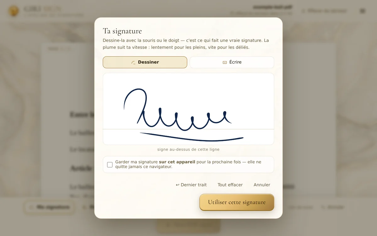 Une signature tracée à la plume dans Giri Sign