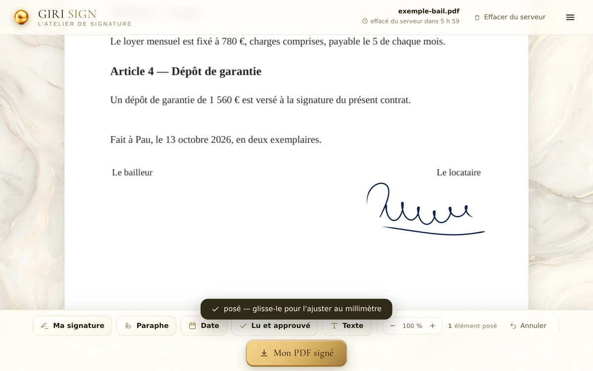 La signature posée sur le bail d'exemple dans Giri Sign