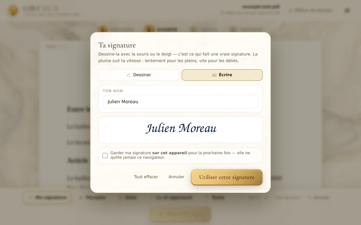 La signature écrite au clavier dans Giri Sign