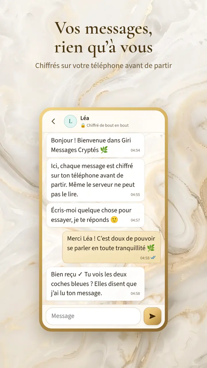 Une discussion chiffrée avec Léa, avec des données d’exemple
