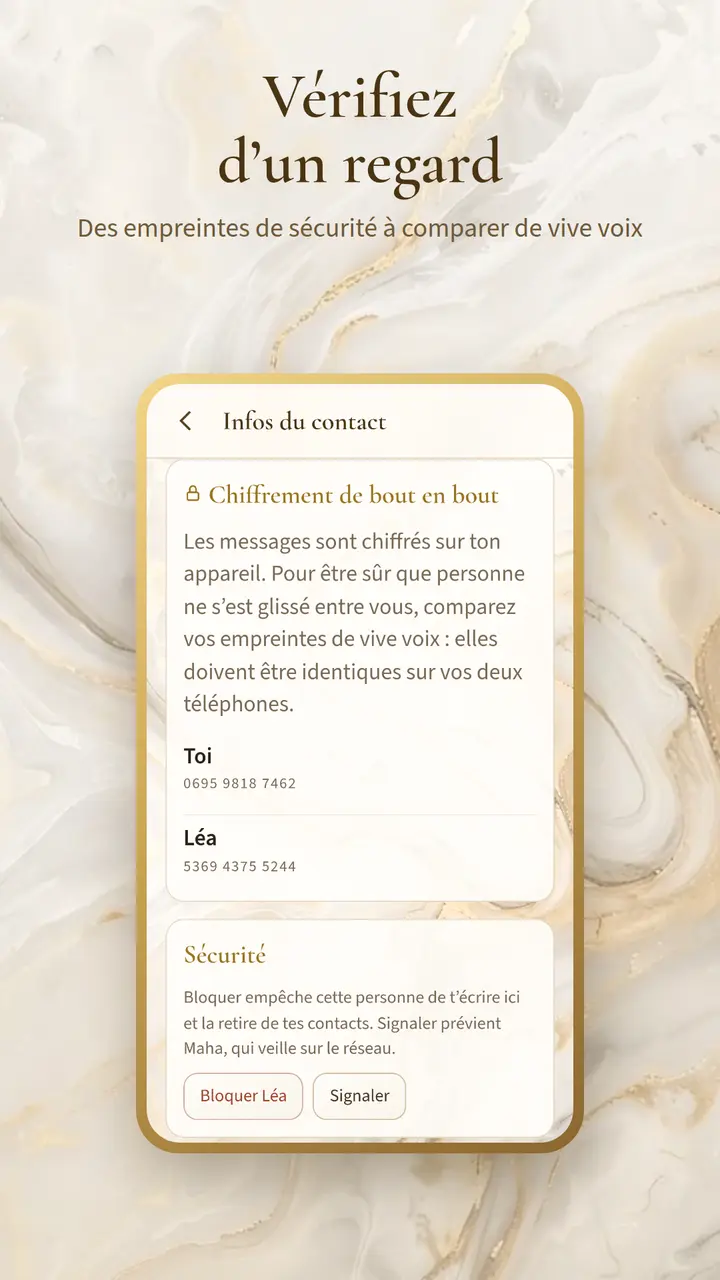 Les infos d’un contact et ses empreintes, avec des données d’exemple
