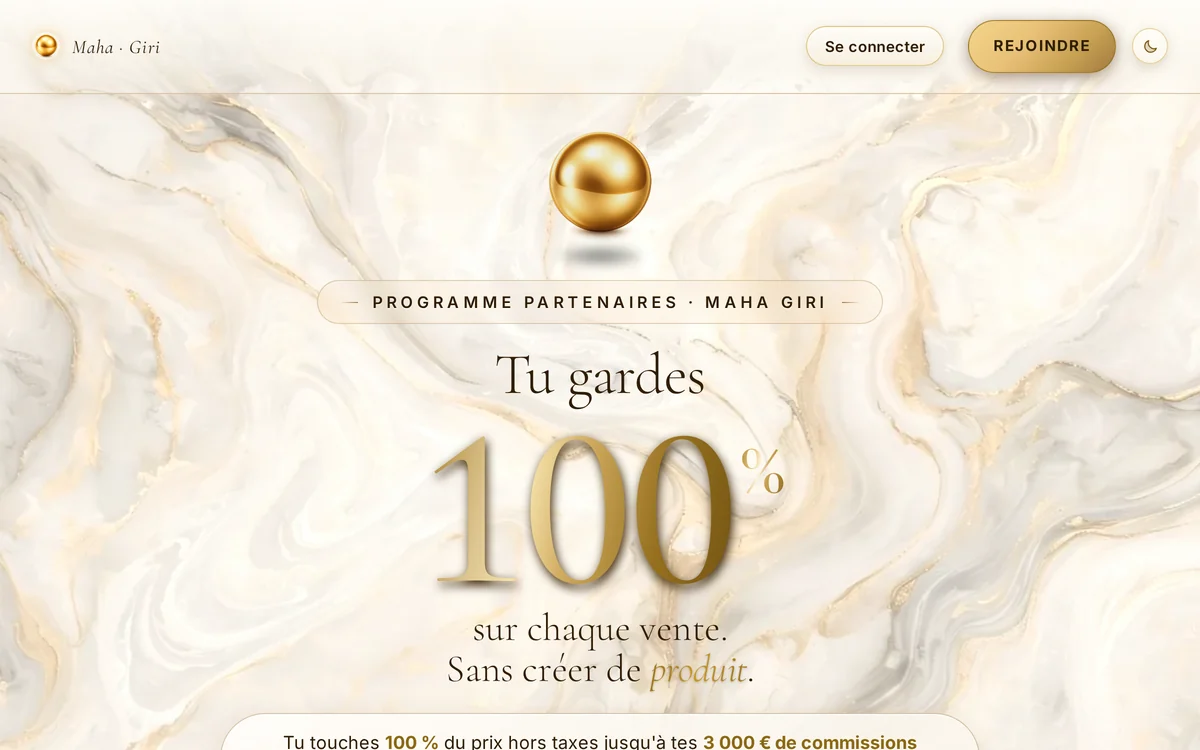 L'accueil du programme Giri Partenaires : 100 % de chaque vente jusqu'à 3 000 € de commissions