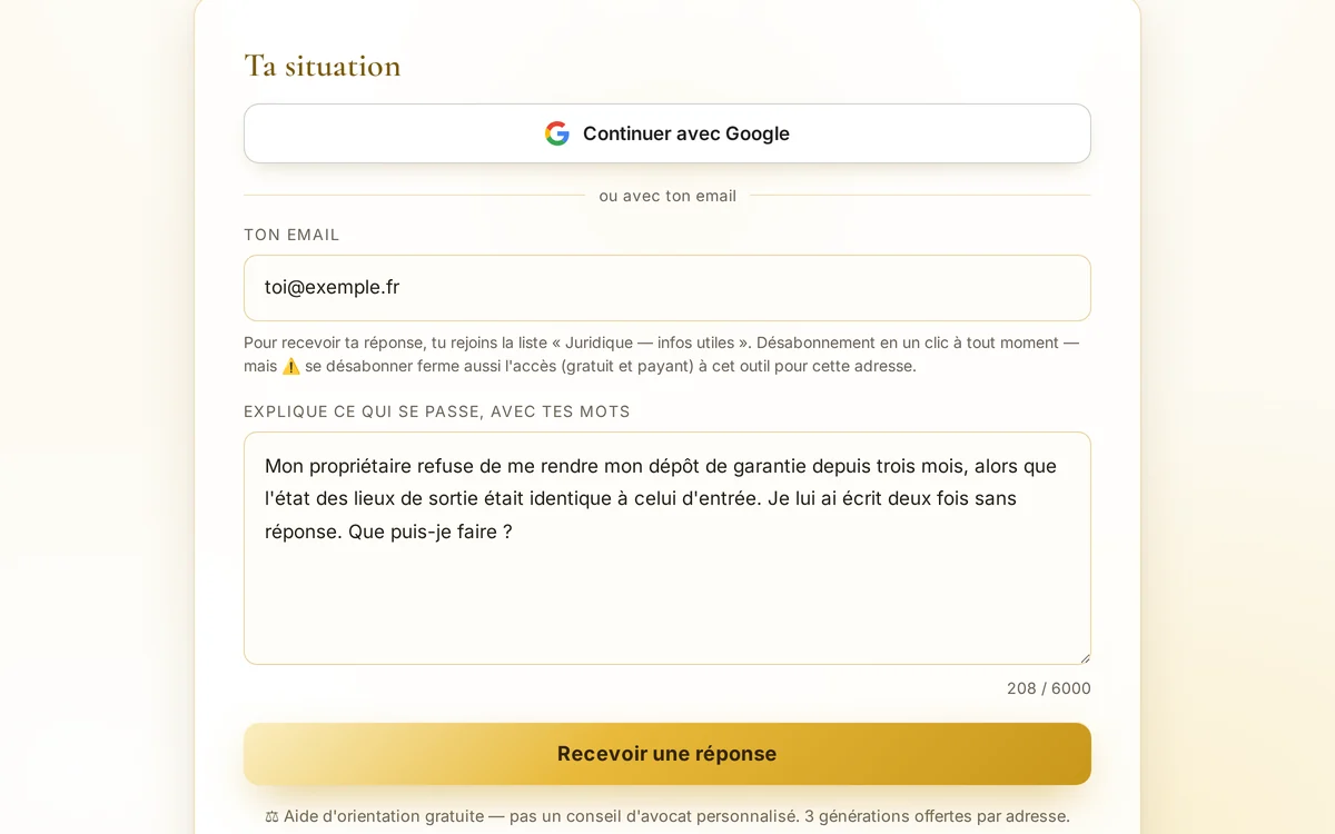 Le formulaire de Thémis Particulier, rempli d'une situation d'exemple