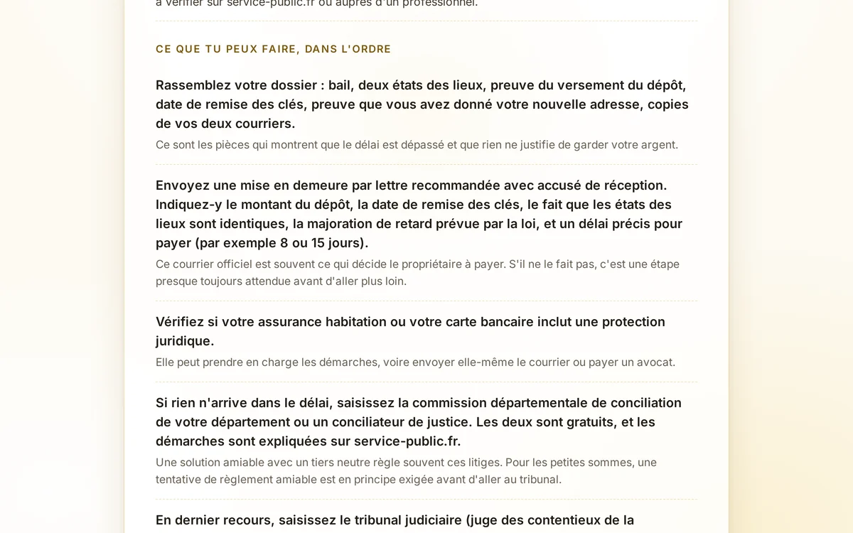 Les actions à mener dans l'ordre, dans une réponse d'exemple de Thémis Particulier