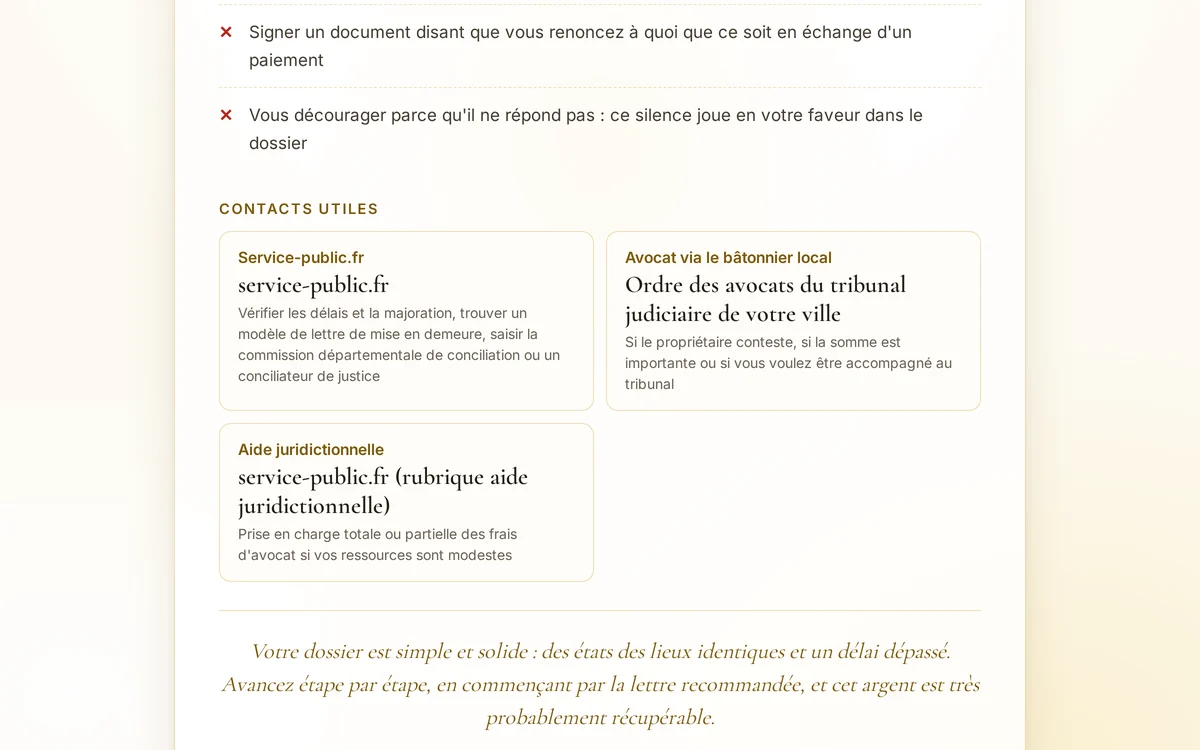 Les preuves à conserver et les contacts utiles dans une réponse d'exemple de Thémis Particulier