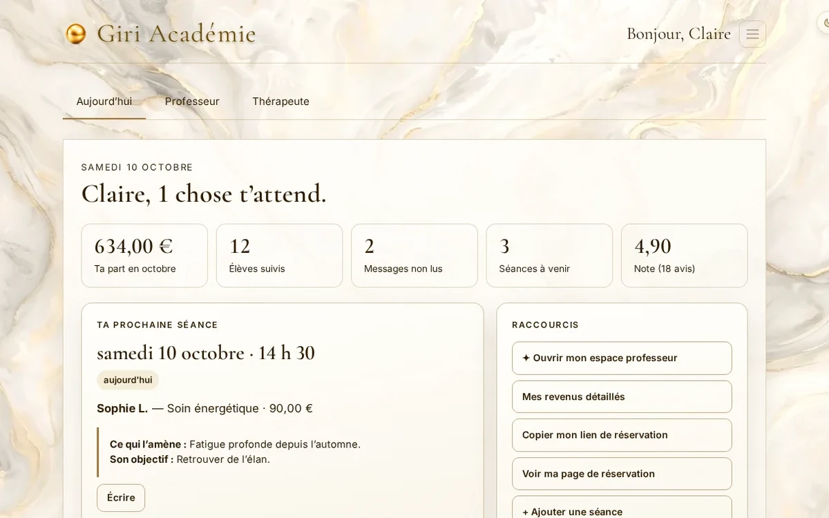 L'écran Aujourd'hui de Mon Espace Pro, avec des données d'exemple : part du mois, élèves suivis, prochaine séance